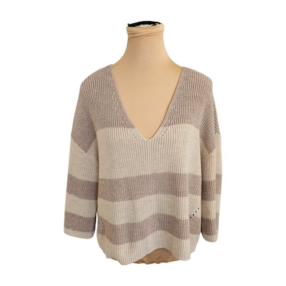 Gentle Fawn Pink and Cream Striped V-neck Sweater Sz M - Picture 1 of 9